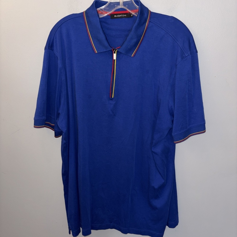 Bugatchi Blue Short Sleeve Polo Shirt Quarter Zip Mens Size XL‎ Cotton Casual